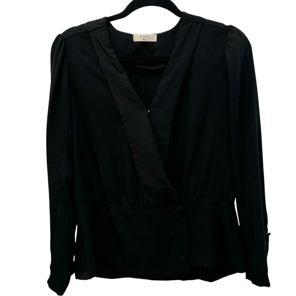 Elodie Black Surplice Wrap Blouse Size L – Long Sleeve V‑Neck Peplum Style - Picture 7 of 7